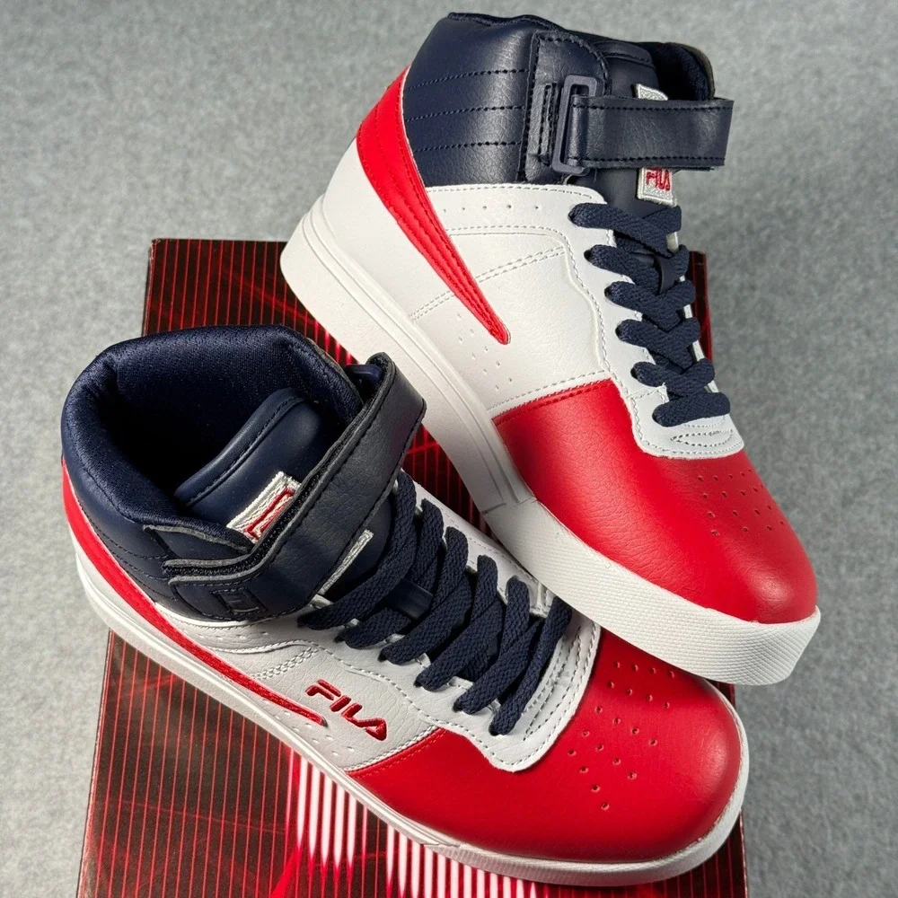 FILA Vulc 13 Red White Navy High‑Top Kid's 3.5 Classic Strap‎ Sneakers NIB